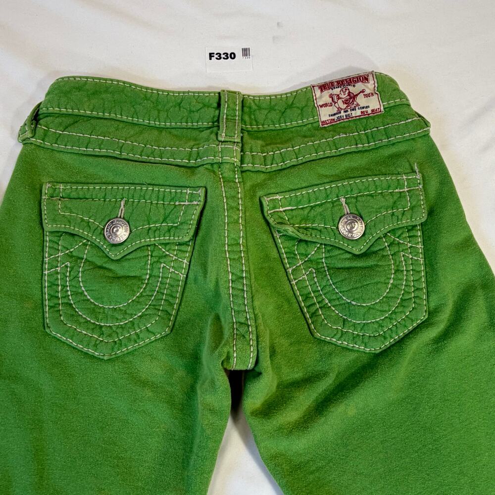 True Religion Joey Big T Green Flare Sweat pants Jeans Women's sz 27 Y2K USA